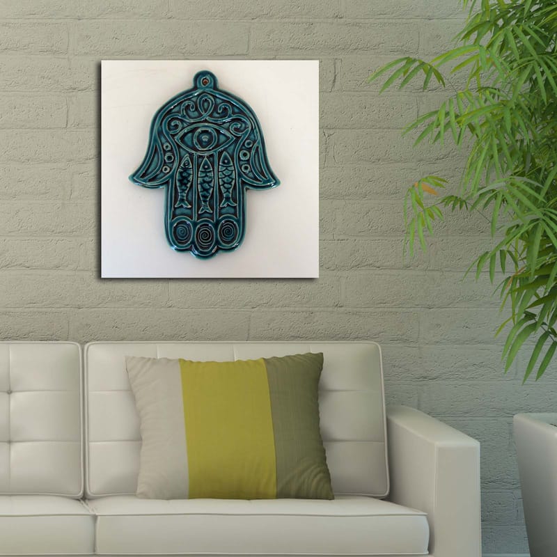 Canvastavla 45x45 cm - Symbolisk hand med öga och intrikata mönster - Turkos / Vit - Inredning - Tavlor & konst - Canvastavlor