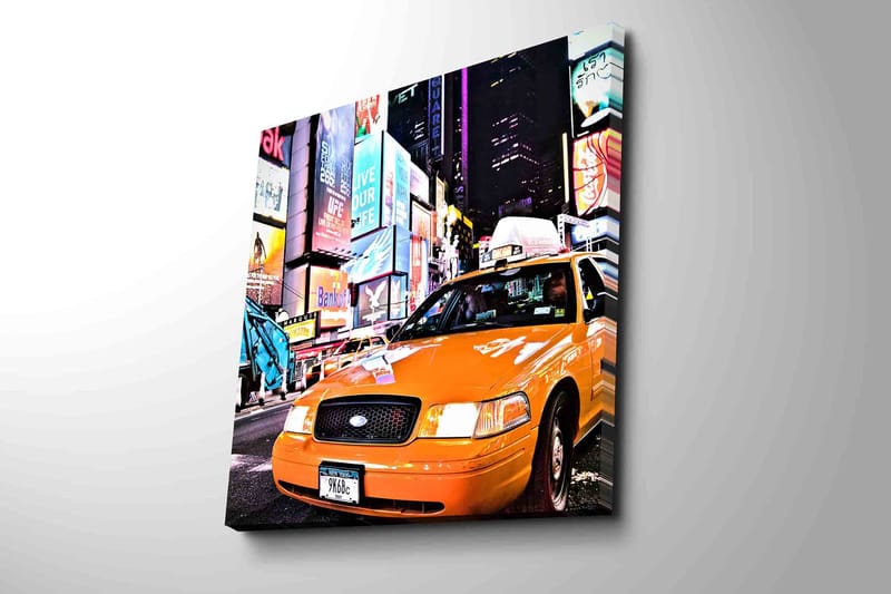 Canvastavla 45x45 cm - Taxis i neonupplysta stadsmiljö - Orange / Svart / Blå - Inredning - Tavlor & konst - Canvastavlor