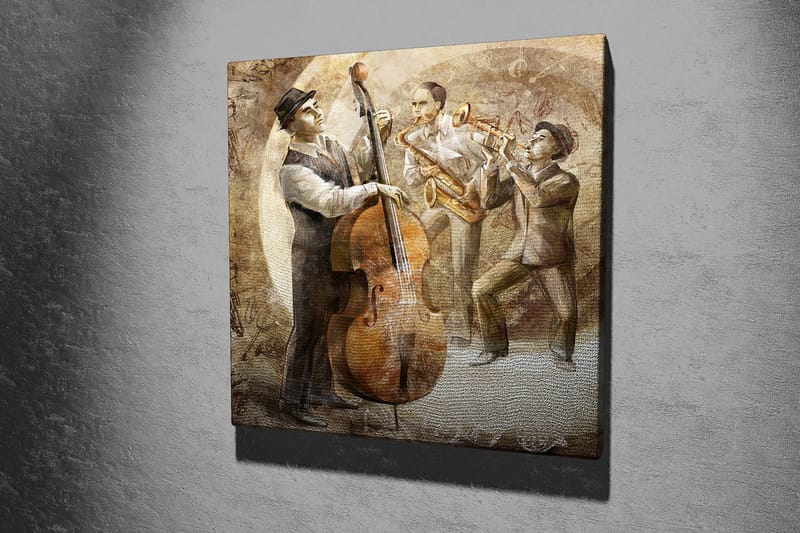 Canvastavla 45x45 cm - Tre musiker som spelar jazz med kontrabas, saxofon och trumpet - Brun / Beige / Grå - Inredning - Tavlor & konst - Canvastavlor