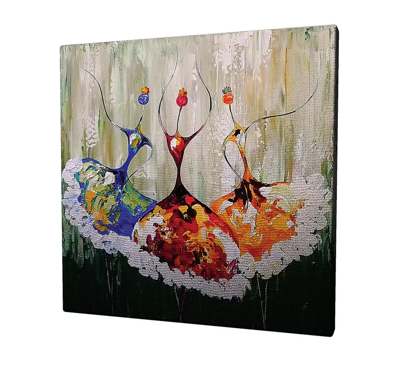 Canvastavla 45x45 cm - Tre stiliserade dansare i färgglada klänningar - Röd / Blå / Orange - Inredning - Tavlor & konst - Canvastavlor