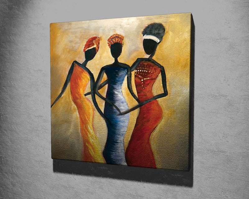Canvastavla 45x45 cm - Tre stiliserade kvinnor i färgglada klänningar - Röd / Gul / Svart - Inredning - Tavlor & konst - Canvastavlor