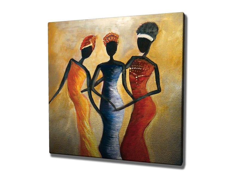 Canvastavla 45x45 cm - Tre stiliserade kvinnor i färgglada klänningar - Röd / Gul / Svart - Inredning - Tavlor & konst - Canvastavlor