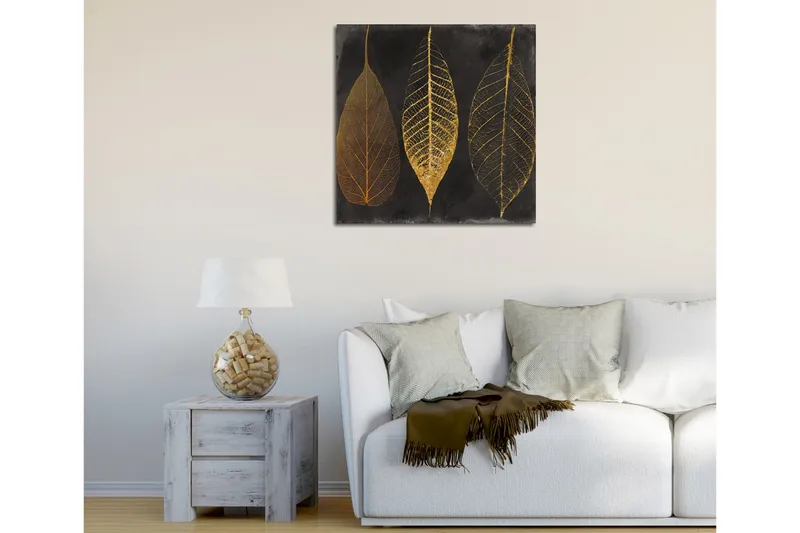 Canvastavla 45x45 cm - Tre stiliserade löv i guld mot en svart bakgrund - Guld / Svart - Inredning - Tavlor & konst - Canvastavlor