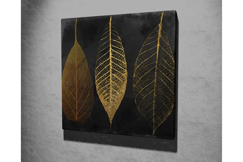 Canvastavla 45x45 cm - Tre stiliserade löv i guld mot en svart bakgrund - Guld / Svart - Inredning - Tavlor & konst - Canvastavlor