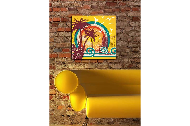 Canvastavla 45x45 cm - Tropisk strandscen med palmer och havsvågor - Mörkröd / Turkos / Gul - Inredning - Tavlor & konst - Canvastavlor