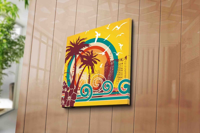 Canvastavla 45x45 cm - Tropisk strandscen med palmer och havsvågor - Mörkröd / Turkos / Gul - Inredning - Tavlor & konst - Canvastavlor