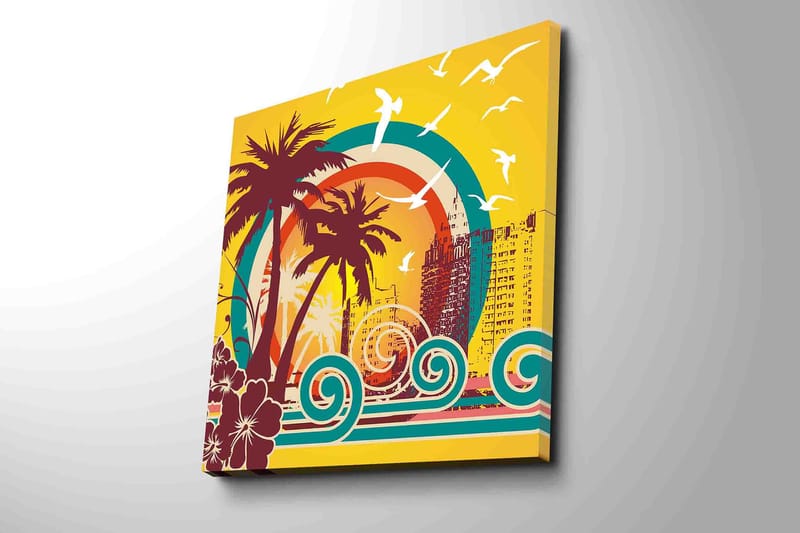 Canvastavla 45x45 cm - Tropisk strandscen med palmer och havsvågor - Mörkröd / Turkos / Gul - Inredning - Tavlor & konst - Canvastavlor