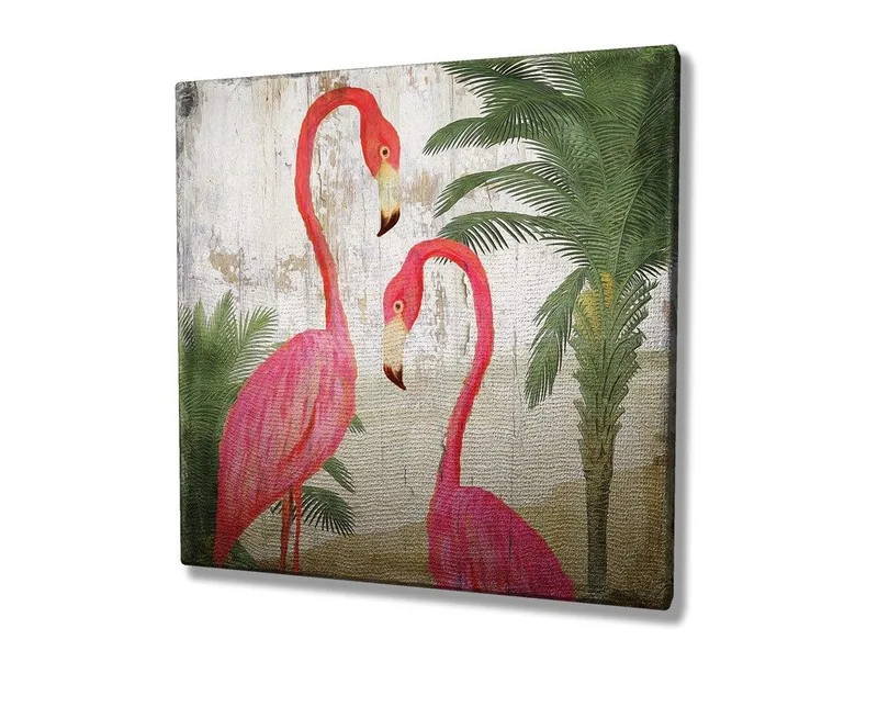 Canvastavla 45x45 cm - Två eleganta flamingos omgivna av palmer - Rosa / Grön / Beige - Inredning - Tavlor & konst - Canvastavlor