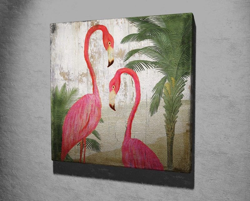 Canvastavla 45x45 cm - Två eleganta flamingos omgivna av palmer - Rosa / Grön / Beige - Inredning - Tavlor & konst - Canvastavlor