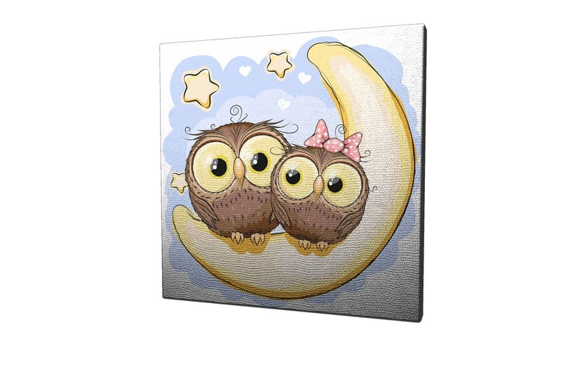 Canvastavla 45x45 cm - Två söta ugglor som sitter på en halvmåne med stjärnor i bakgrunden - Brun / Gul / Ljusblå - Inredning - Tavlor & konst - Canvastavlor