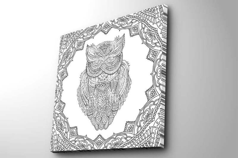 Canvastavla 45x45 cm - Uggla i detaljrik linjeteckning omgiven av ornamentala mönster - Svart / Vitt - Inredning - Tavlor & konst - Canvastavlor