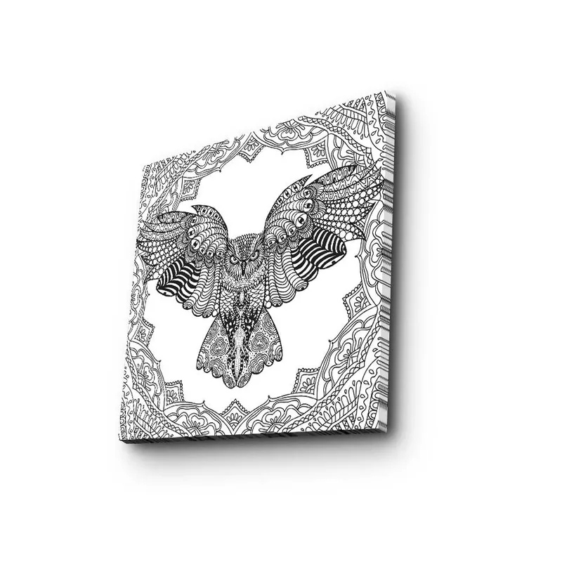 Canvastavla 45x45 cm - Uggla med detaljerad mönstring i svartvitt, Svart / Vitt