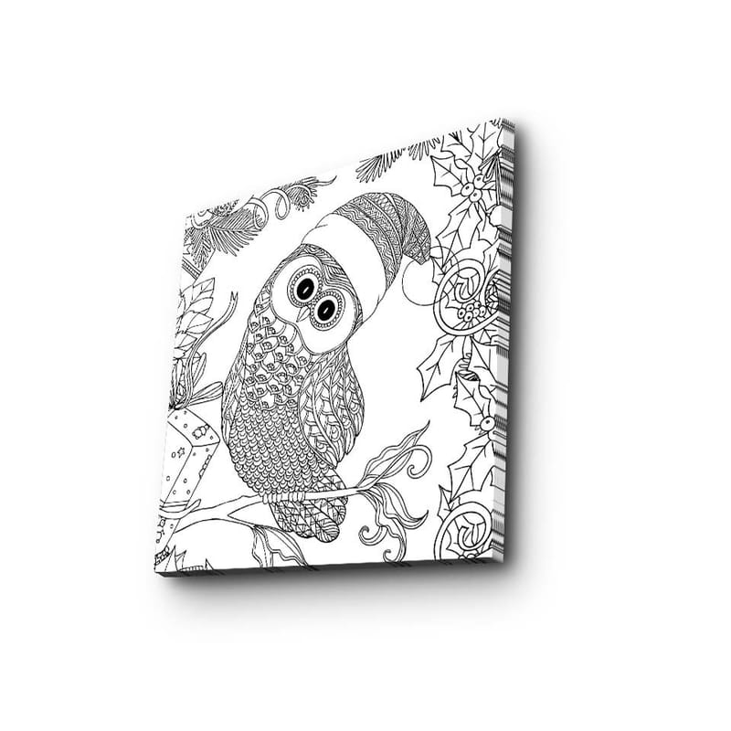 Canvastavla 45x45 cm - Uggla med tomteluva omgiven av juldekorationer - Svart / Vitt - Inredning - Tavlor & konst - Canvastavlor