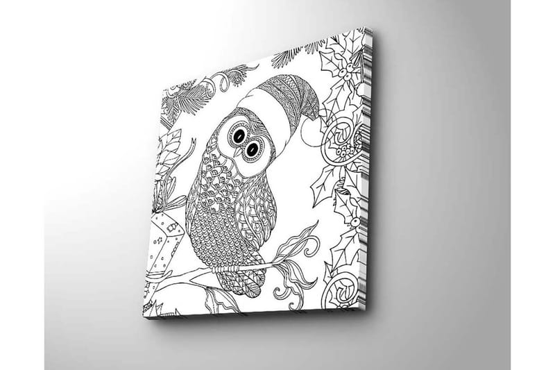 Canvastavla 45x45 cm - Uggla med tomteluva omgiven av juliga detaljer - Svart / Vitt - Inredning - Tavlor & konst - Canvastavlor