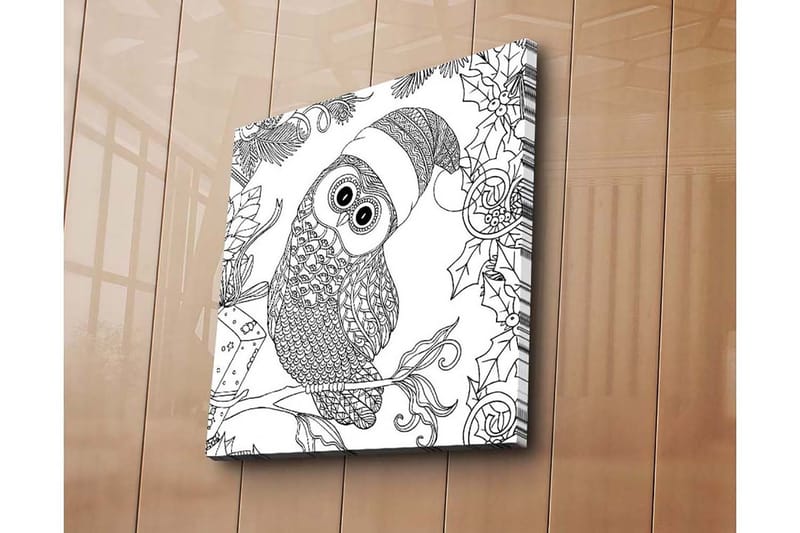 Canvastavla 45x45 cm - Uggla med tomteluva omgiven av juliga detaljer - Svart / Vitt - Inredning - Tavlor & konst - Canvastavlor