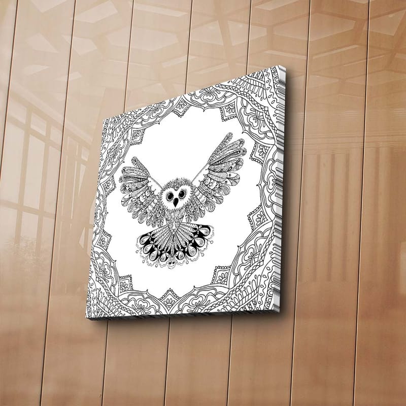 Canvastavla 45x45 cm - Uggla med utsträckta vingar i detaljrik ram - Svart / Vitt - Inredning - Tavlor & konst - Canvastavlor