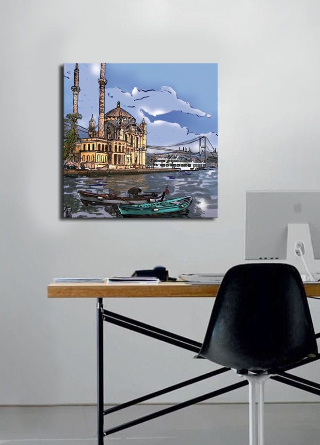 Canvastavla 45x45 cm - Vacker vy av en historisk moské vid vattnet med båtar i förgrunden - Blå / Beige / Grön - Inredning - Tavlor & konst - Canvastavlor