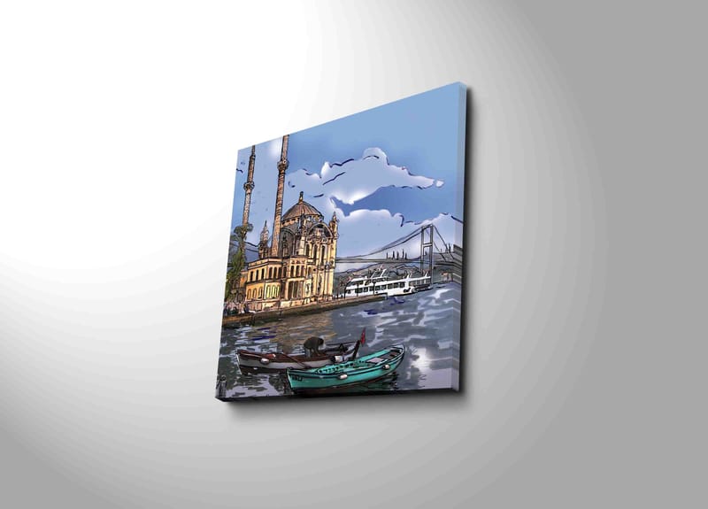 Canvastavla 45x45 cm - Vacker vy av en historisk moské vid vattnet med båtar i förgrunden - Blå / Beige / Grön - Inredning - Tavlor & konst - Canvastavlor