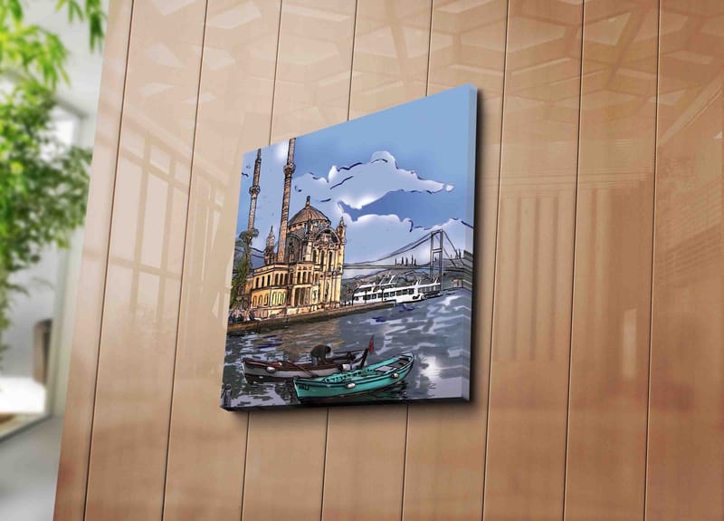 Canvastavla 45x45 cm - Vacker vy av en historisk moské vid vattnet med båtar i förgrunden - Blå / Beige / Grön - Inredning - Tavlor & konst - Canvastavlor