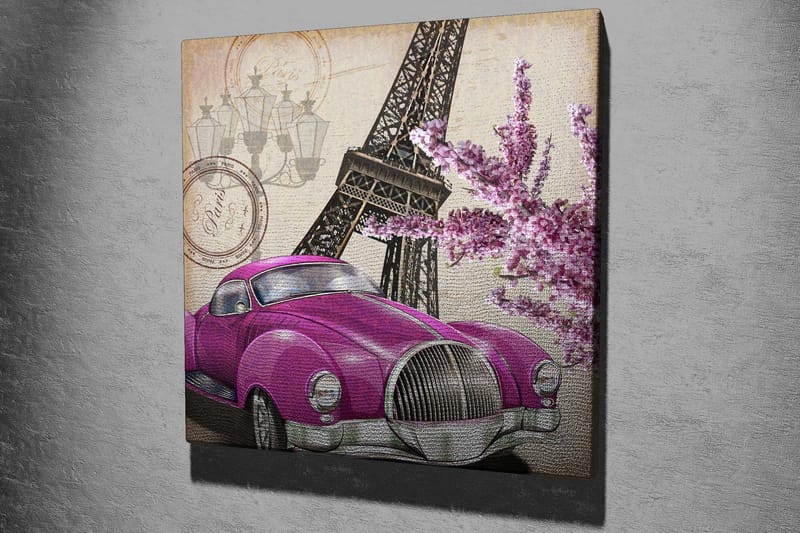 Canvastavla 45x45 cm - Vintage bil i starkt lila med Eiffeltornet och blommor i bakgrunden, Lila / Rosa / Grå