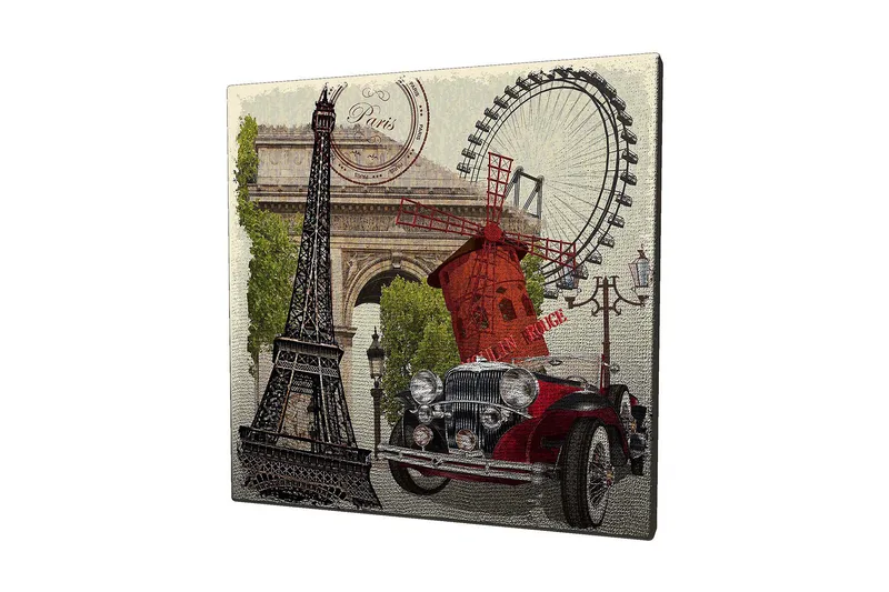 Canvastavla 45x45 cm - Paris-inspirerad komposition med Eiffeltornet, en röd bil och en vindmölla, Röd / Svart / Grön