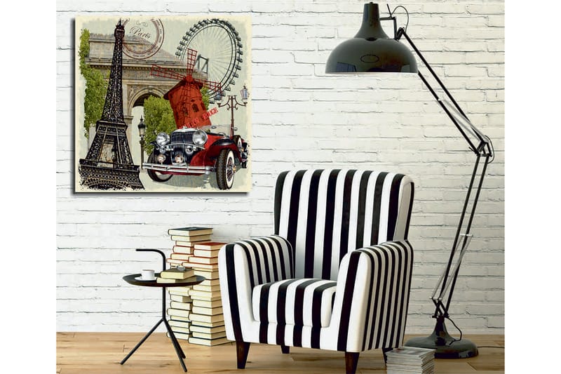 Canvastavla 45x45 cm - Paris-inspirerad komposition med Eiffeltornet, en röd bil och en vindmölla - Röd / Svart / Grön - Inredning - Tavlor & konst - Canvastavlor