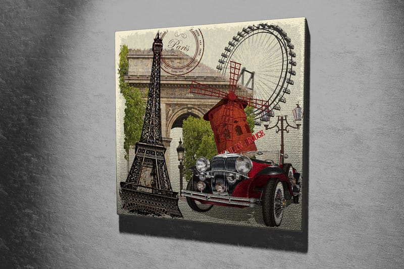 Canvastavla 45x45 cm - Paris-inspirerad komposition med Eiffeltornet, en röd bil och en vindmölla - Röd / Svart / Grön - Inredning - Tavlor & konst - Canvastavlor