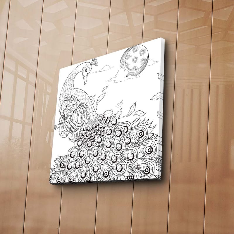 Canvastavla 45x45 cm - Påfågel med detaljerad fjäderdräkt - Svart / Vitt - Inredning - Tavlor & konst - Canvastavlor