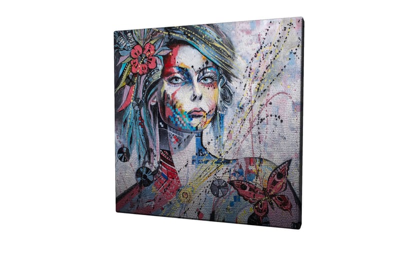 Canvastavla 45x45 cm - Porträtt av en kvinna med färgglada detaljer och fjärilar - Rosa / Blå / Grön - Inredning - Tavlor & konst - Canvastavlor
