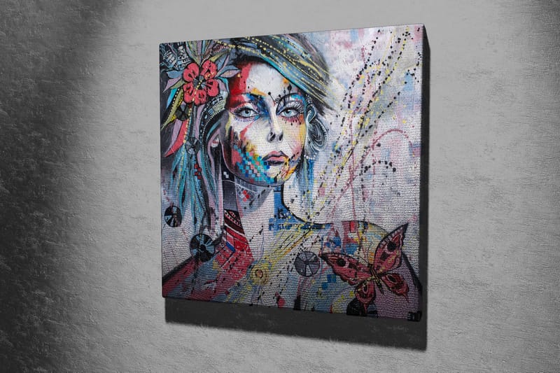 Canvastavla 45x45 cm - Porträtt av en kvinna med färgglada detaljer och fjärilar - Rosa / Blå / Grön - Inredning - Tavlor & konst - Canvastavlor