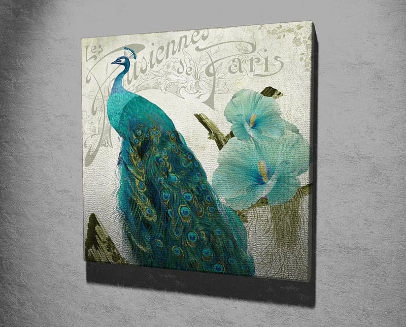 Canvastavla 45x45 cm - Praktfull påfågel med detaljerade fjädrar och blommor i bakgrunden - Turkos / Grön / Vit - Inredning - Tavlor & konst - Canvastavlor