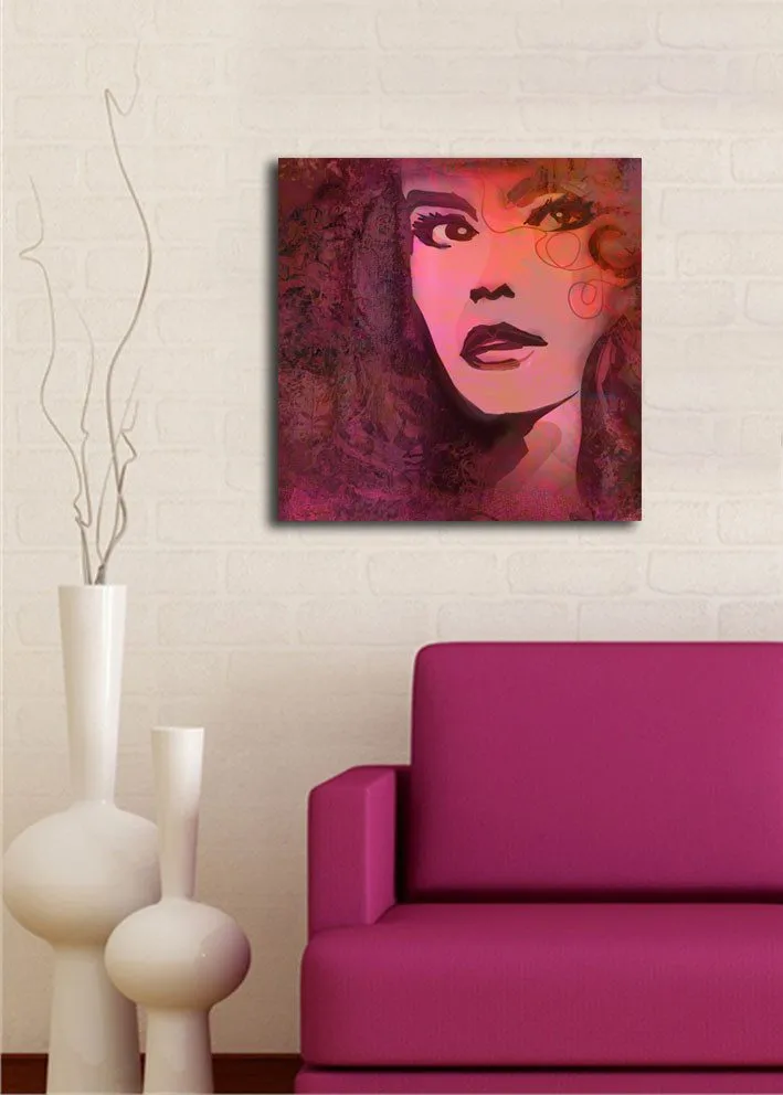 Canvastavla 45x45 cm - Porträtt av en kvinna med uttrycksfulla drag - Mörkröd / Lila / Rosa - Inredning - Tavlor & konst - Canvastavlor