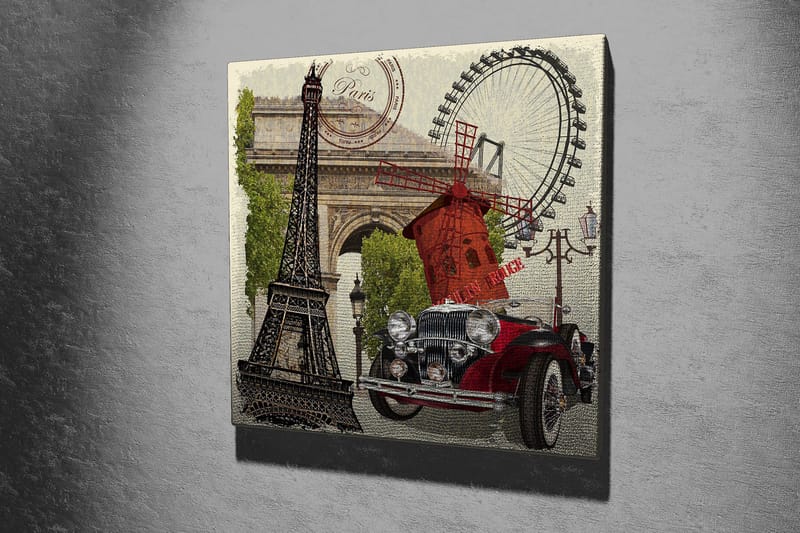 Canvastavla 45x45 cm - Paris-inspirerad komposition med Eiffeltornet, en röd bil och en vindmölla - Röd / Svart / Grön - Inredning - Tavlor & konst - Canvastavlor