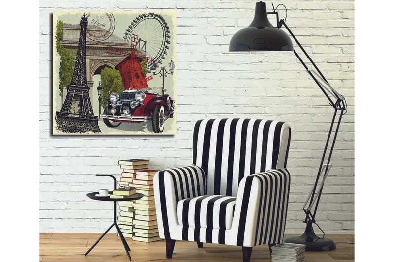 Canvastavla 45x45 cm - Paris-inspirerad komposition med Eiffeltornet, en röd bil och en vindmölla - Röd / Svart / Grön - Inredning - Tavlor & konst - Canvastavlor