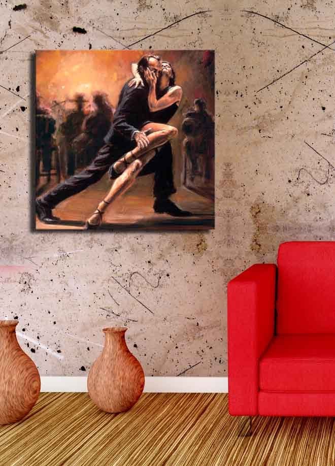 Canvastavla 45x45 cm - Passionerad tango mellan två dansare - Mörkröd / Svart / Beige - Inredning - Tavlor & konst - Canvastavlor