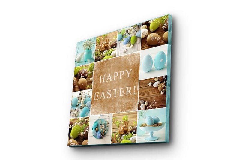 Canvastavla 45x45 cm - Påskägg i olika färger och former med texten HAPPY EASTER!, Turkos / Brun / Grön