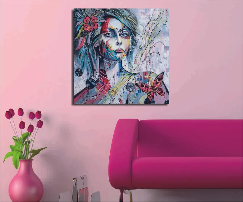 Canvastavla 45x45 cm - Porträtt av en kvinna med färgglada detaljer och fjärilar, Rosa / Blå / Grön