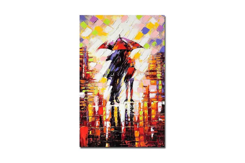 Canvastavla 45x70 cm - Par med paraplyer i regnig stadsmiljö - Röd / Svart / Orange - Inredning - Tavlor & konst - Canvastavlor