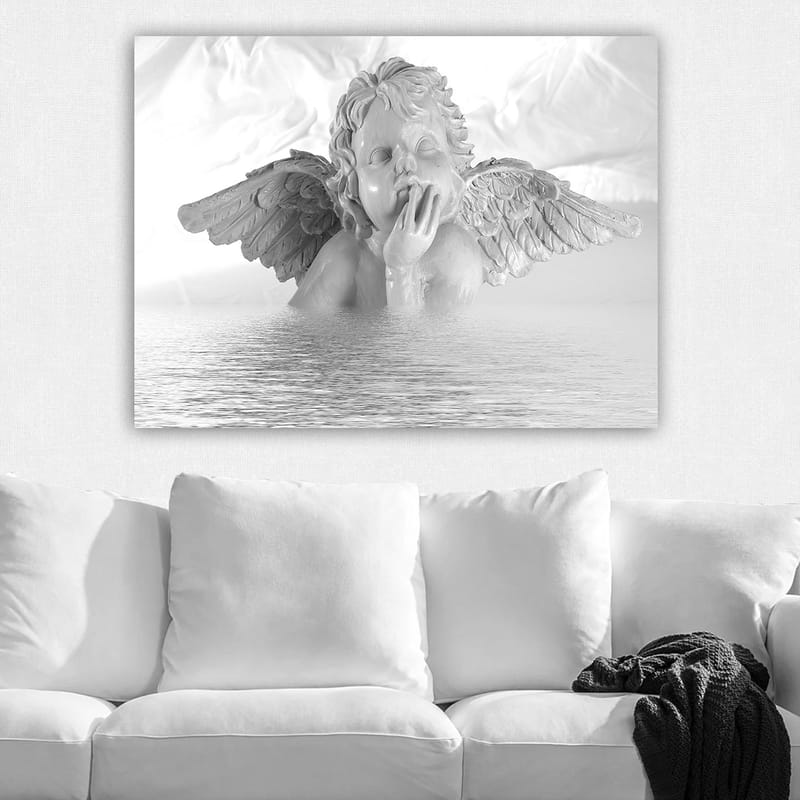 Canvastavla 70x100 cm - Ängel med en eftertänksam pose som delvis är nedsänkt i vatten - Vit / Ljusgrå - Inredning - Tavlor & konst - Canvastavlor