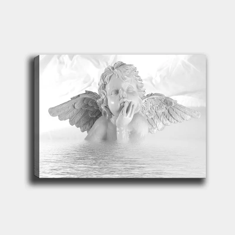 Canvastavla 70x100 cm - Ängel med en eftertänksam pose som delvis är nedsänkt i vatten, Vit / Ljusgrå