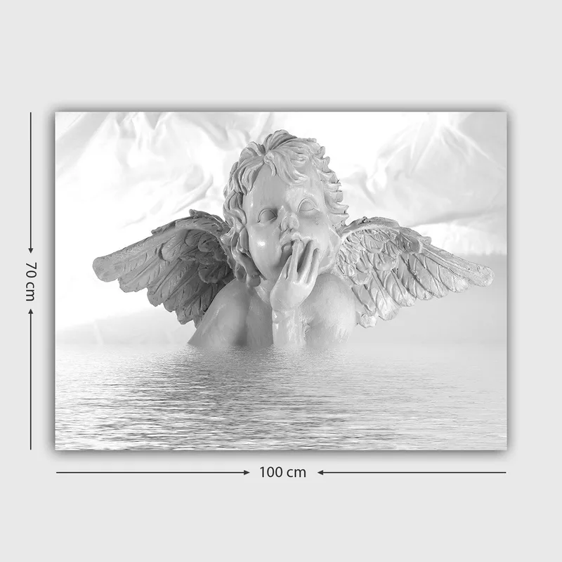 Canvastavla 70x100 cm - Ängel med en eftertänksam pose som delvis är nedsänkt i vatten - Vit / Ljusgrå - Inredning - Tavlor & konst - Canvastavlor