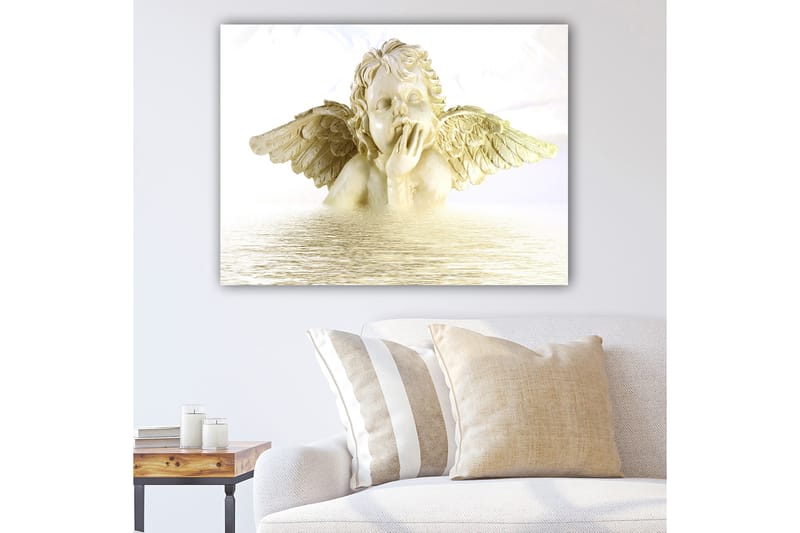 Canvastavla 70x100 cm - Ängel med utsträckta vingar som ser drömmande ut, delvis nedsänkt i vatten - Ljus beige / Vit - Inredning - Tavlor & konst - Canvastavlor
