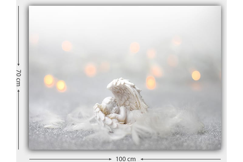 Canvastavla 70x100 cm - Ängel som vilar på ett mjukt underlag, omgiven av ljusa och drömlika element - Vit / Ljusgrå - Inredning - Tavlor & konst - Canvastavlor