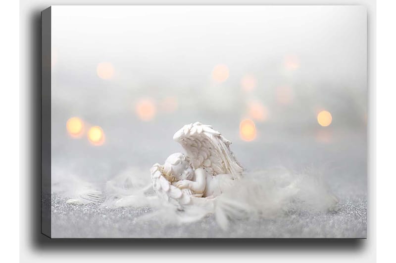 Canvastavla 70x100 cm - Ängel som vilar på ett mjukt underlag, omgiven av ljusa och drömlika element - Vit / Ljusgrå - Inredning - Tavlor & konst - Canvastavlor