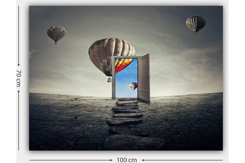 Canvastavla 70x100 cm - Öppen dörr som leder till en färgglad himmel med varmluftsballonger som svävar över en karg landskap - Grå / Beige / Röd - Inredning - Tavlor & konst - Canvastavlor