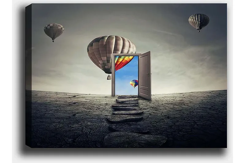 Canvastavla 70x100 cm - Öppen dörr som leder till en färgglad himmel med varmluftsballonger som svävar över en karg landskap - Grå / Beige / Röd - Inredning - Tavlor & konst - Canvastavlor