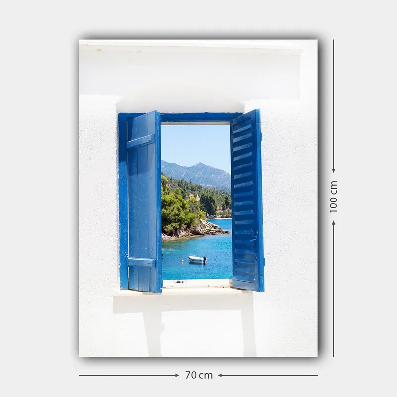 Canvastavla 70x100 cm - Öppen fönsterlucka som ger en vy över en blå sjö och omgivande grönska - Blå / Grön / Vit - Inredning - Tavlor & konst - Canvastavlor