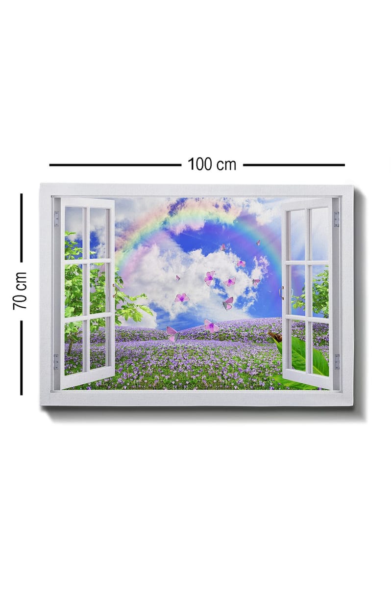 Canvastavla 70x100 cm - Öppen fönsterutsikt med en blomstrande äng, fjärilar och en regnbåge under en blå himmel - Lila / Grön / Blå - Inredning - Tavlor & konst - Canvastavlor