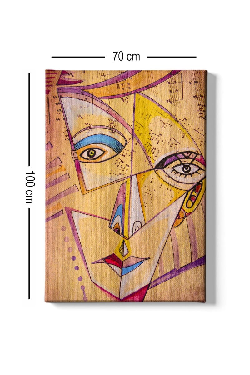 Canvastavla 70x100 cm - Abstrakt ansikte med geometriska former och starka färger - Gul / Blå / Rosa - Inredning - Tavlor & konst - Canvastavlor