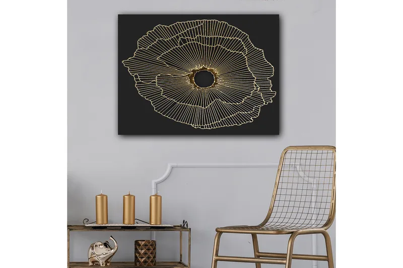 Canvastavla 70x100 cm - Abstrakt blomma med guldlinjer på svart bakgrund, Guld / Svart